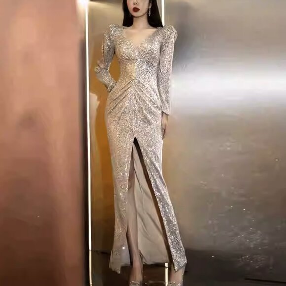 Glam Ruched Sequin Maxi Evening Dress - Picture 1 of 6